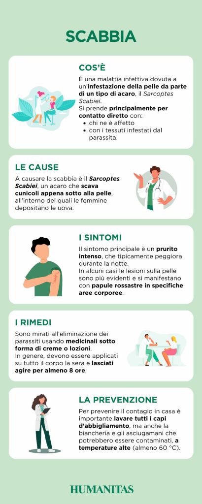 Infografica su cause, sintomi, rimedi e prevenzione di contagio della scabbia